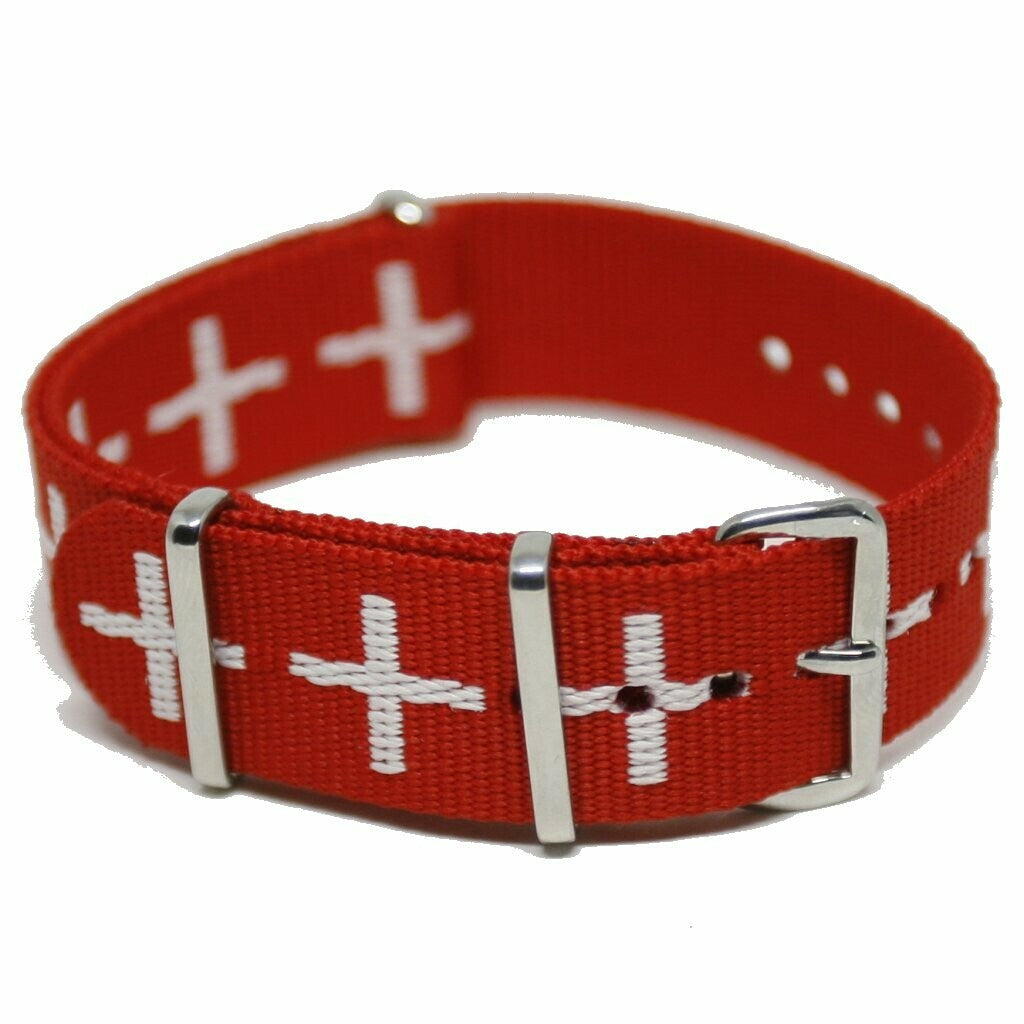 NATO hihna 20MM Punainen/valkoinen ristit (Sveitsi)