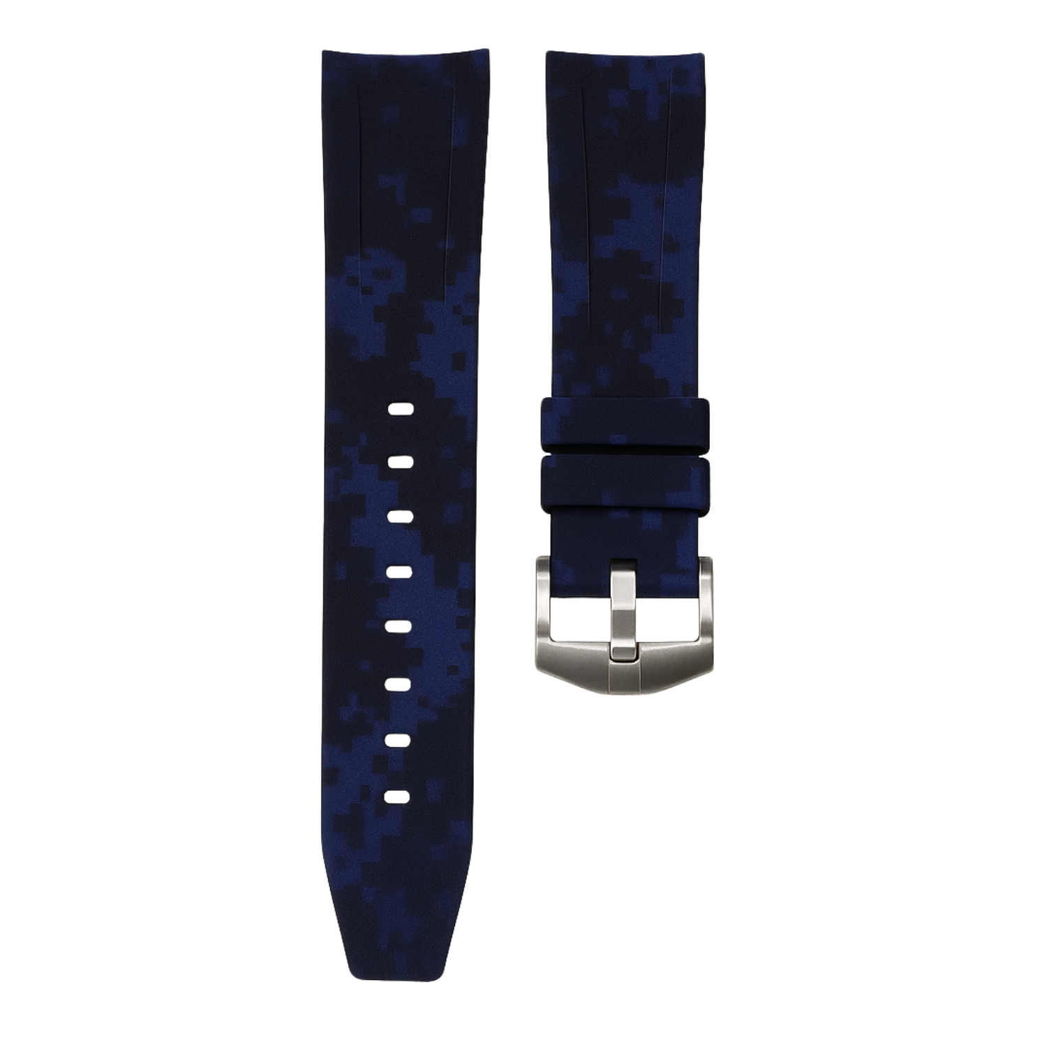 Horus 21mm kaareva kumihihna - Sininen digi camouflage hihna hopeisella soljella varustettuna